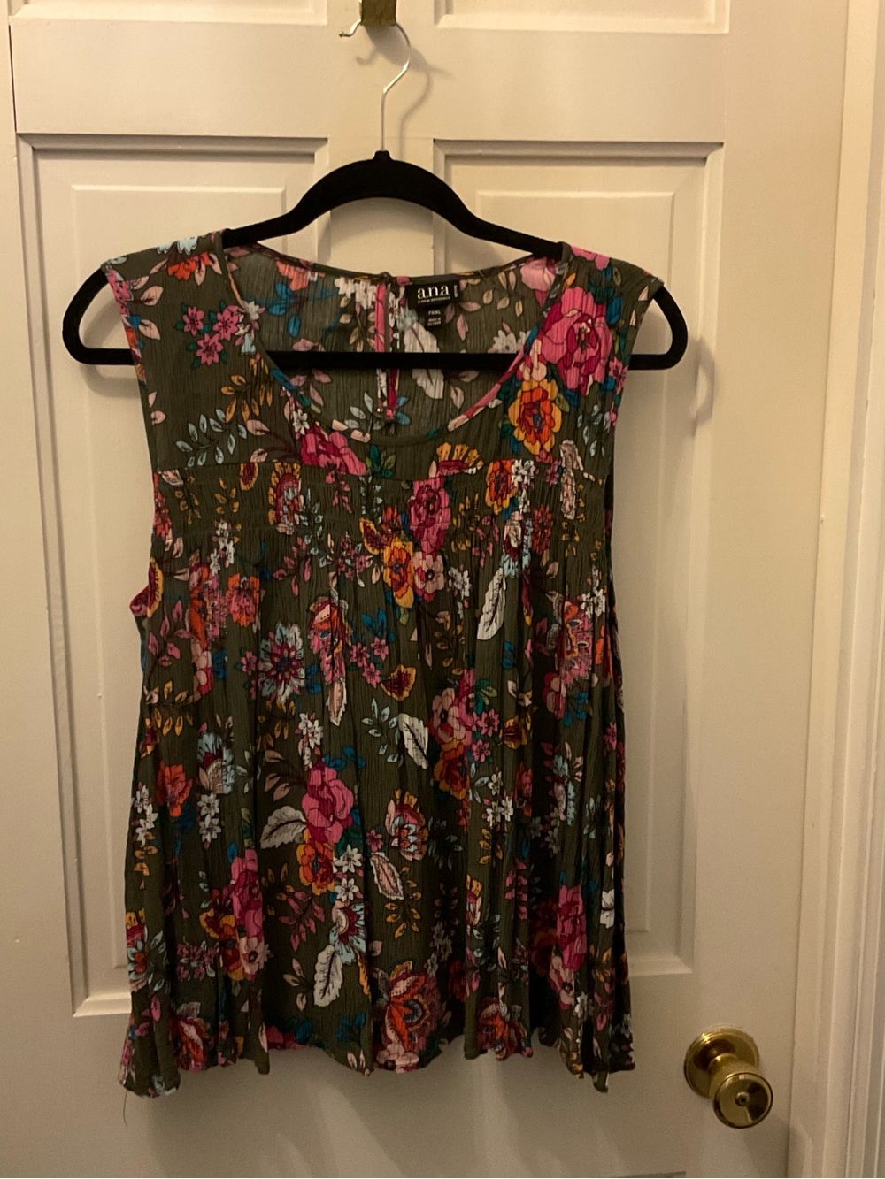a.n.a Olive Floral Sleeveless Pleated Tank Top with Pink Accents